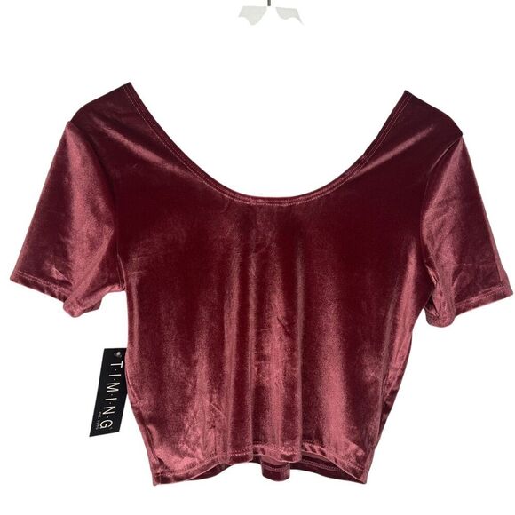 Timing Velvet Crop Top Juniors Large Pink Short Sleeve Boho Festival Party - Picture 2 of 5